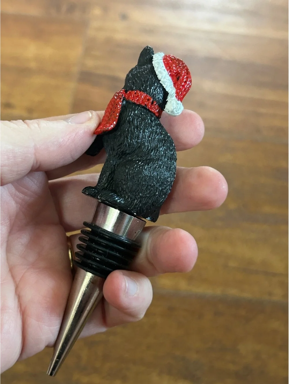 Festive Black Cat Wine Bottle Stopper with Santa Hat and Scarf
